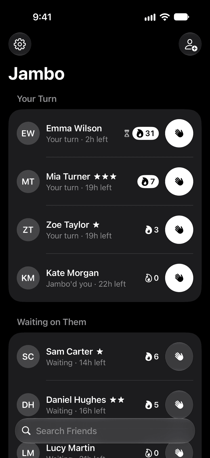 Jambo's friends list: Emma, with a 31-day streak and 2 hours left to reply, Mia with three stars today, and more friends sorted by whose turn it is.