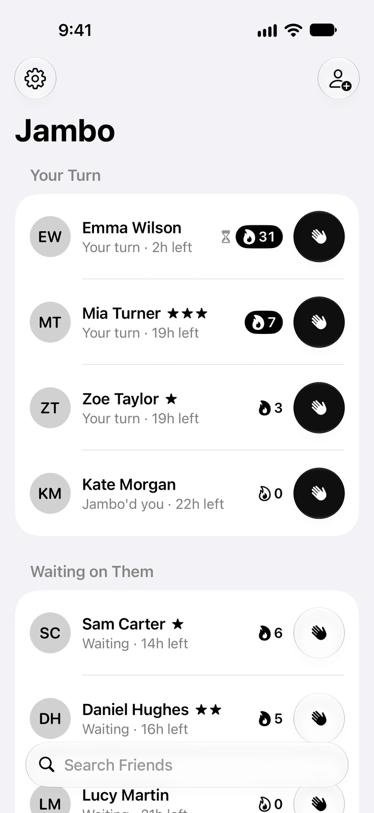 Jambo's friends list: Emma, with a 31-day streak and 2 hours left to reply, Mia with three stars today, and more friends sorted by whose turn it is.