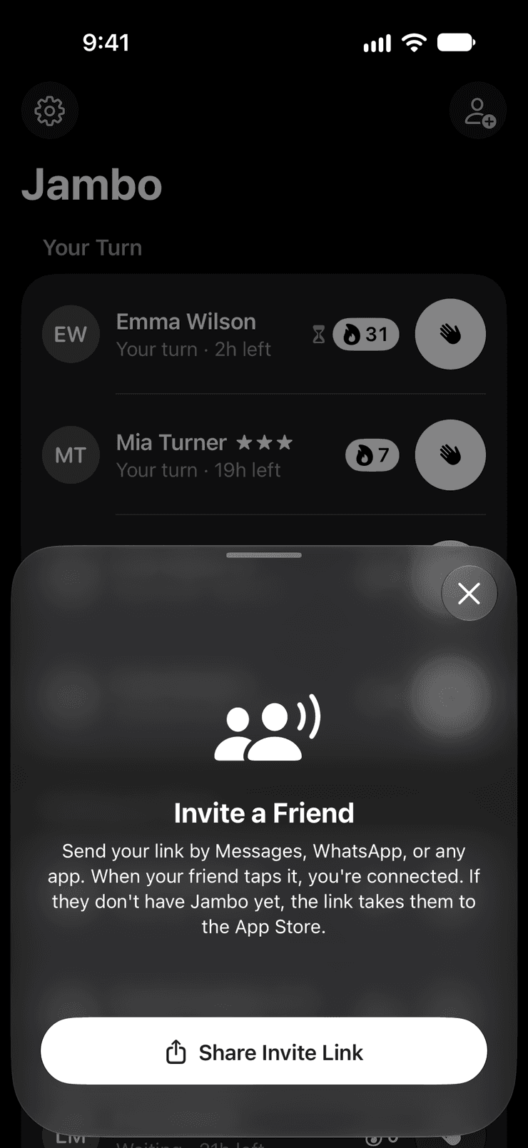 Jambo's Invite a Friend sheet, with a Share Invite Link button.