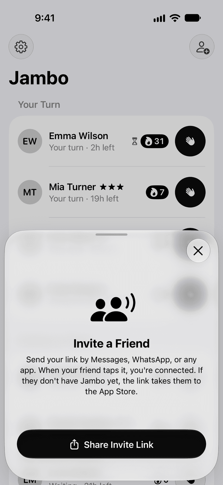 Jambo's Invite a Friend sheet, with a Share Invite Link button.